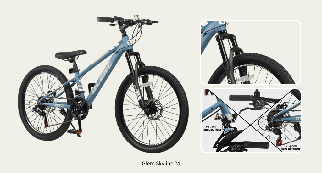 High-carbon steel frame of Glerc Skyline 24 kids bike built for impact resistance and rough trail use