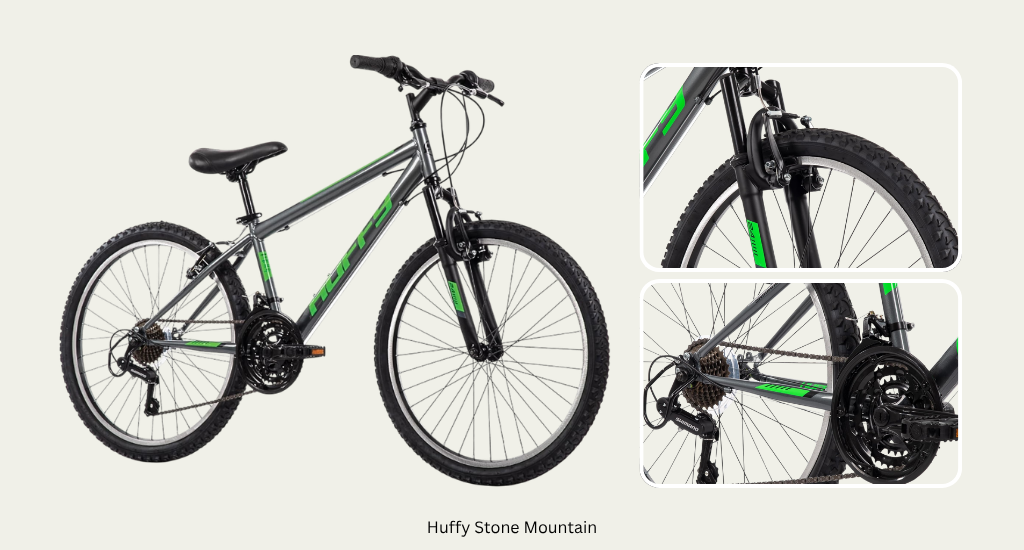 Huffy Stone Mountain bike for entry-level casual neighborhood riding with steel frame, 24-inch knobby tires, 21-speed Shimano shifters, front suspension fork, and V-brakes.