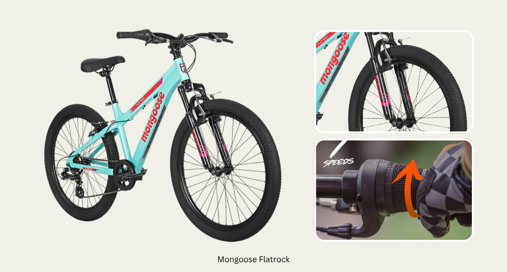 Mongoose Flatrock 24-inch kids mountain bike with aluminum frame, suspension fork, and simple 7-speed gearing.