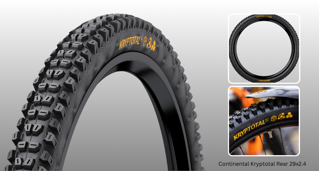 Close-up of a Continental Kryptotal Rear 29x2.4 mountain bike tire with aggressive black tread, yellow branding, and inset views showing the full rim and profile.