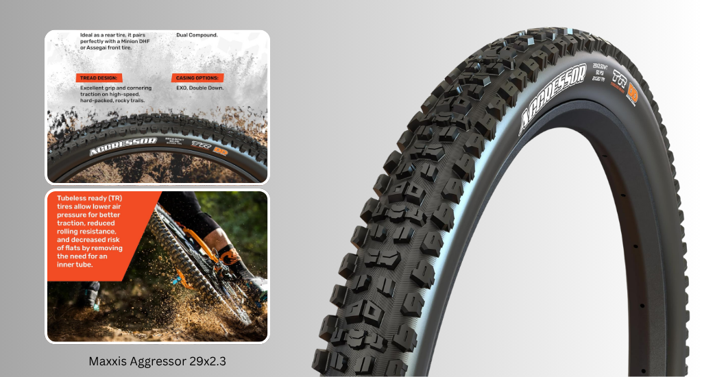 Maxxis Aggressor 29x2.3 MTB tire. Product graphic showing tread detail, tubeless ready features, and performance on rocky trails. Designed for grip and cornering.