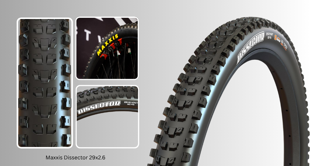 Product showcase of the Maxxis Dissector 29x2.6 mountain bike tire, featuring close-ups of the aggressive tread pattern, yellow logo, and sidewall branding.