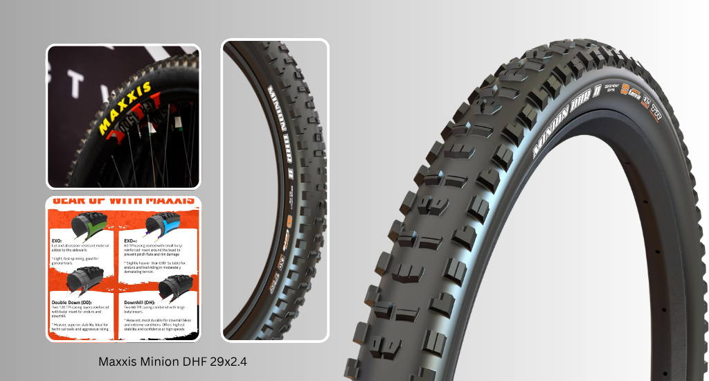 Product graphic for Maxxis Minion DHF 29x2.4 mountain bike tires. Features close-up tread views and a chart detailing EXO, EXO+, Double Down, and Downhill casings.