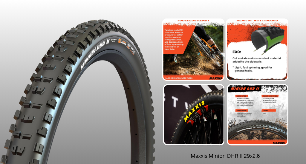 A Maxxis Minion DHR II 29x2.6 mountain bike tire shown with close-ups of its tread pattern, tubeless-ready features, and EXO cut-resistant sidewall protection.