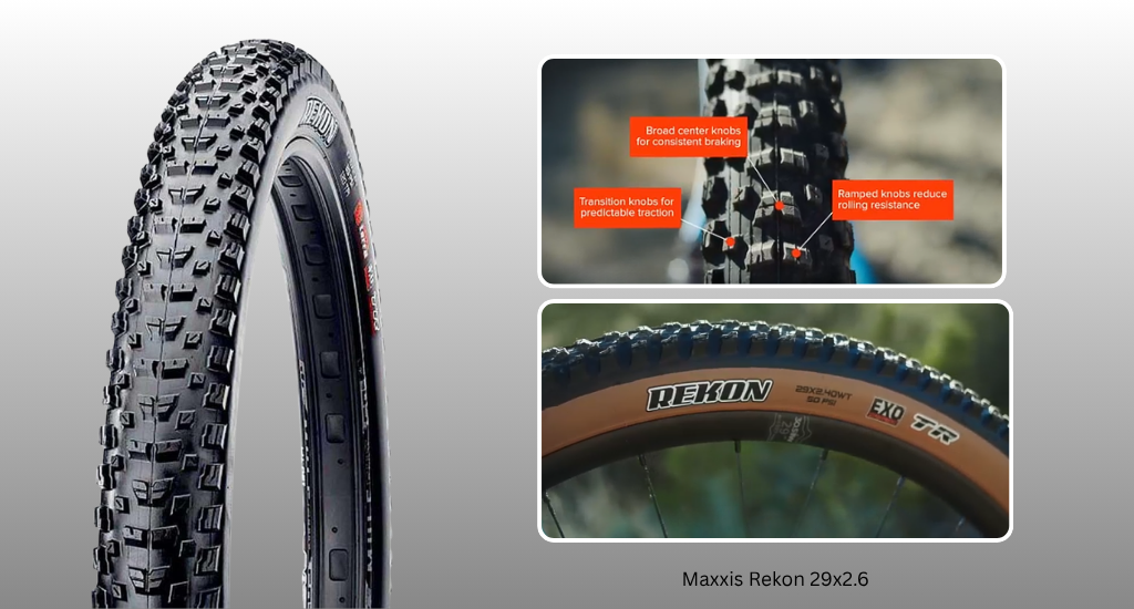 Maxxis Rekon 29x2.6 mountain bike tire featuring a knobby tread pattern for traction, sidewall details with EXO TR branding, and highlights on its design.