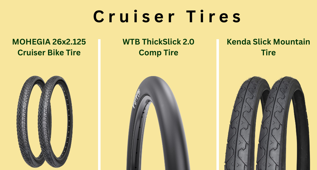 Mountain bike cruiser tires with smooth wide tread and tubes for comfortable pavement riding.