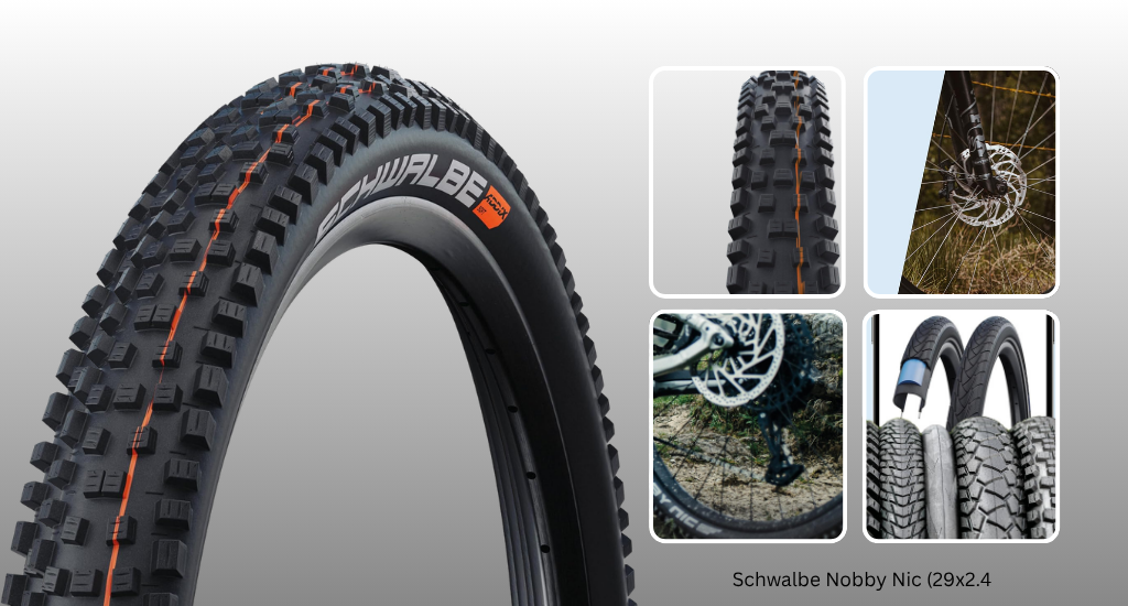 Schwalbe Nobby Nic mountain bike tire (29x2.4) featuring aggressive black treads with a red stripe, shown in multiple close-up views and mounted on a wheel.