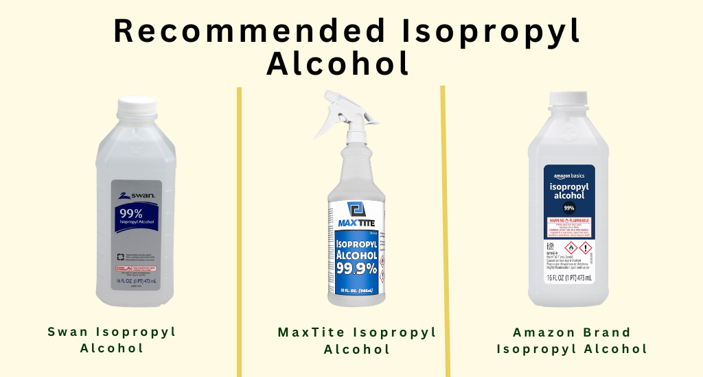 Bicycle brake maintenance products featuring Swan, MaxTite, and Amazon Brand isopropyl alcohol.
