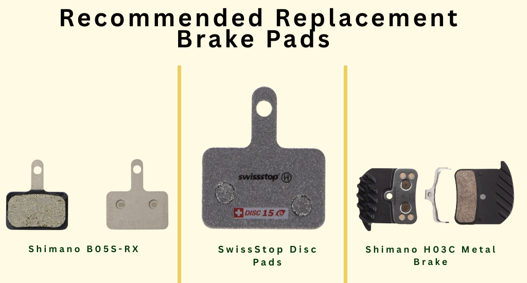 Bicycle brake maintenance recommendations featuring Shimano and SwissStop replacement disc brake pads.