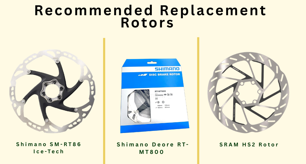 Bicycle brake maintenance recommendations featuring Shimano and SRAM replacement disc brake rotors.