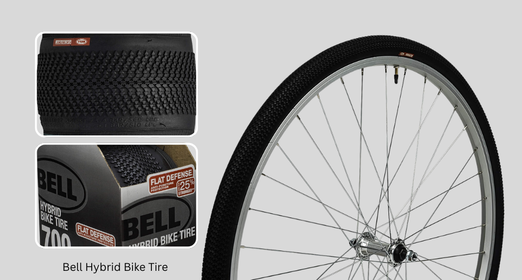 An image of a Bell Hybrid Bike Tire featuring a 700c tire on a silver rim. Insets show the knobby tread pattern and retail packaging with "Flat Defense" branding.