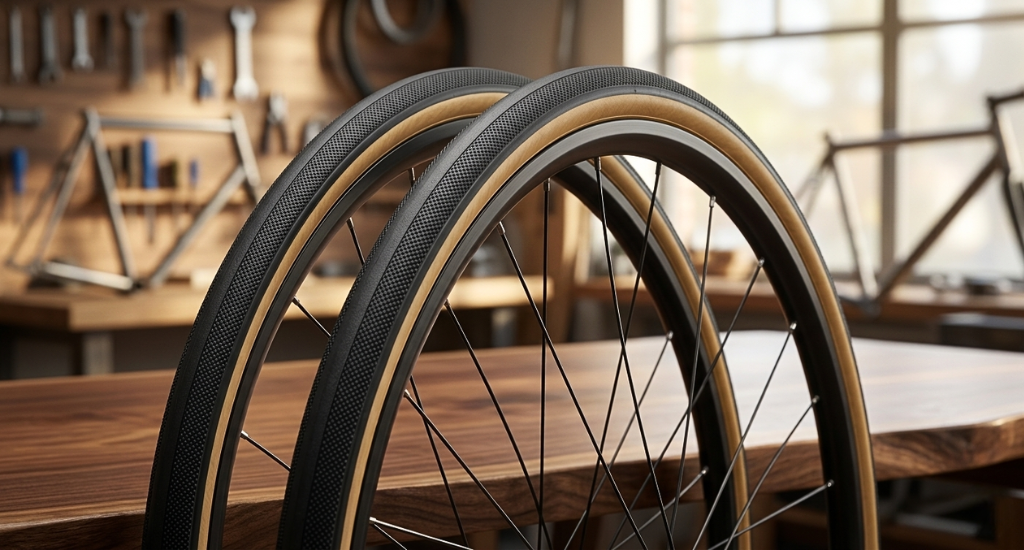 Two bicycle wheels with black knobby tires and tan sidewalls lean against a wooden workbench in a workshop. Blurred bike frames and tools are in the background.