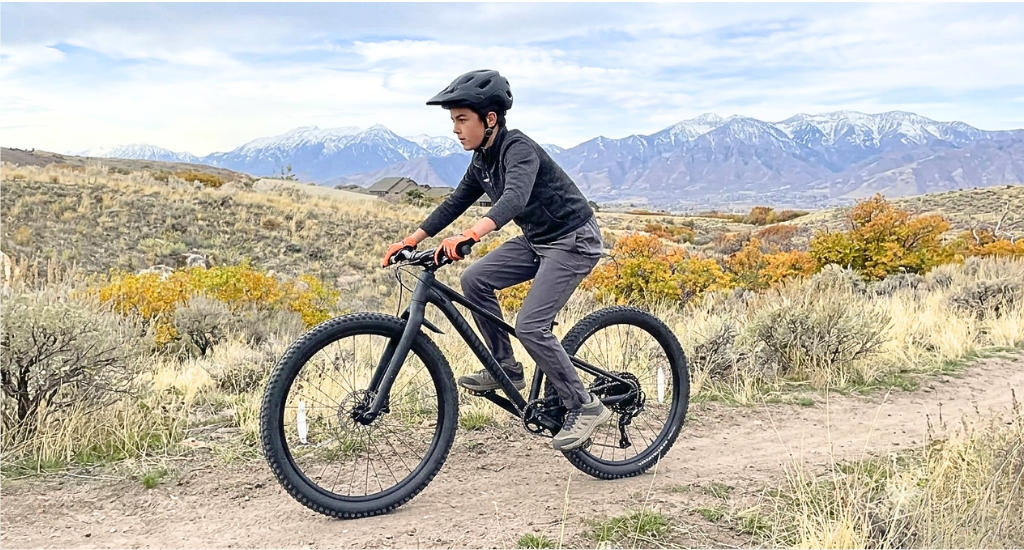A cyclist in a black helmet and vest rides a dark mountain bike on a dirt trail. Snow-capped mountains and autumn-colored brush create a scenic backdrop.