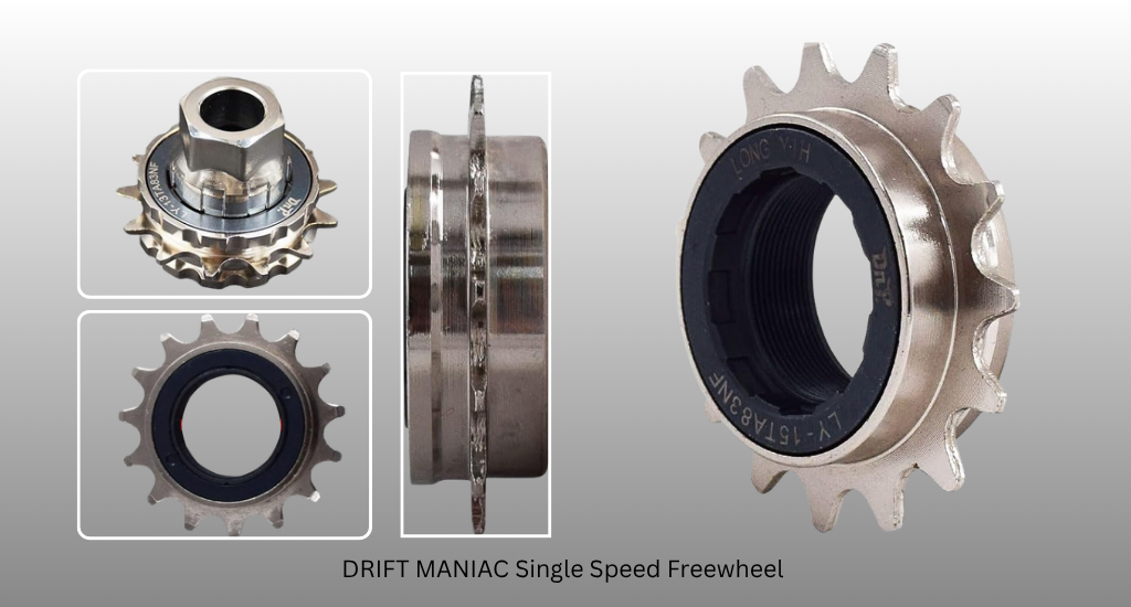 A composite image of a Drift Maniac single-speed freewheel. Shows the component from multiple angles, including top, side, and front views of the metallic sprocket.