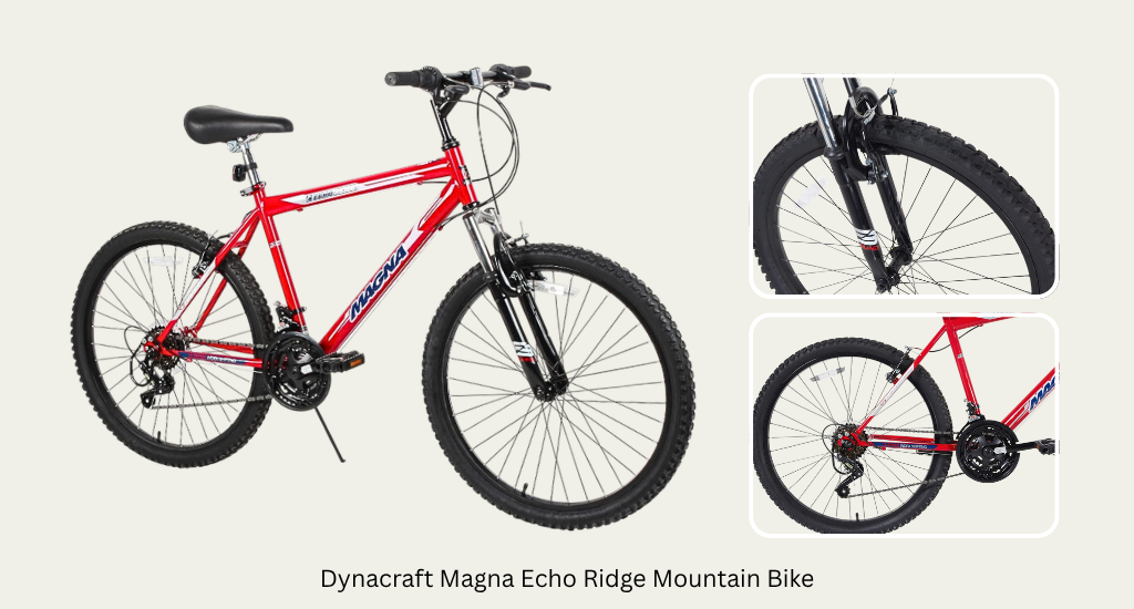 The Dynacraft Magna Echo Ridge Mountain Bike in red and black, featuring front suspension, linear-pull brakes, and an 18-speed drivetrain for off-road riding.