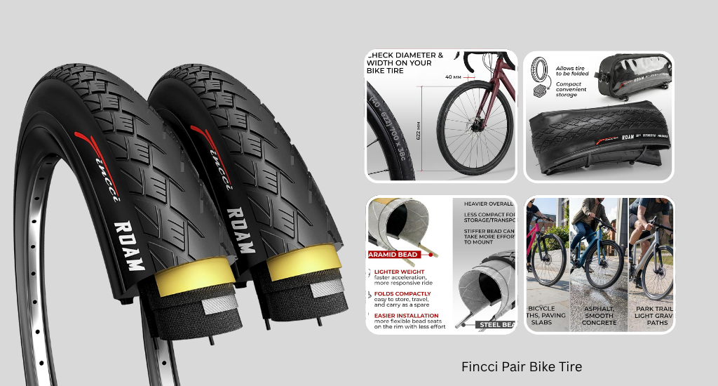 Product image for Fincci Pair Bike Tires featuring two black "Roam" tires with yellow accents, demonstrating they are foldable and suitable for asphalt or trails.