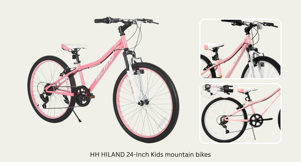 A pink HH HILAND 24-inch kids' mountain bike with front suspension and 7 speeds. View includes a full side profile and close-ups of the fork and gear system.