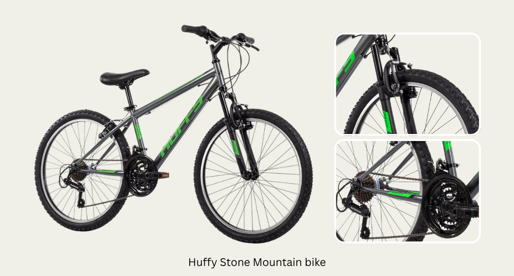 A charcoal gray Huffy Stone Mountain bike with neon green accents and 21 speeds. Two inset photos show details of the front suspension fork and the drivetrain.