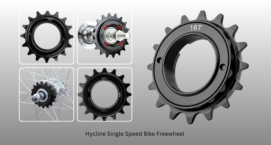 A collage of a black 16T Hycline single-speed bike freewheel showing the front, back, and threaded interior, plus photos of it installed on a bicycle wheel hub.