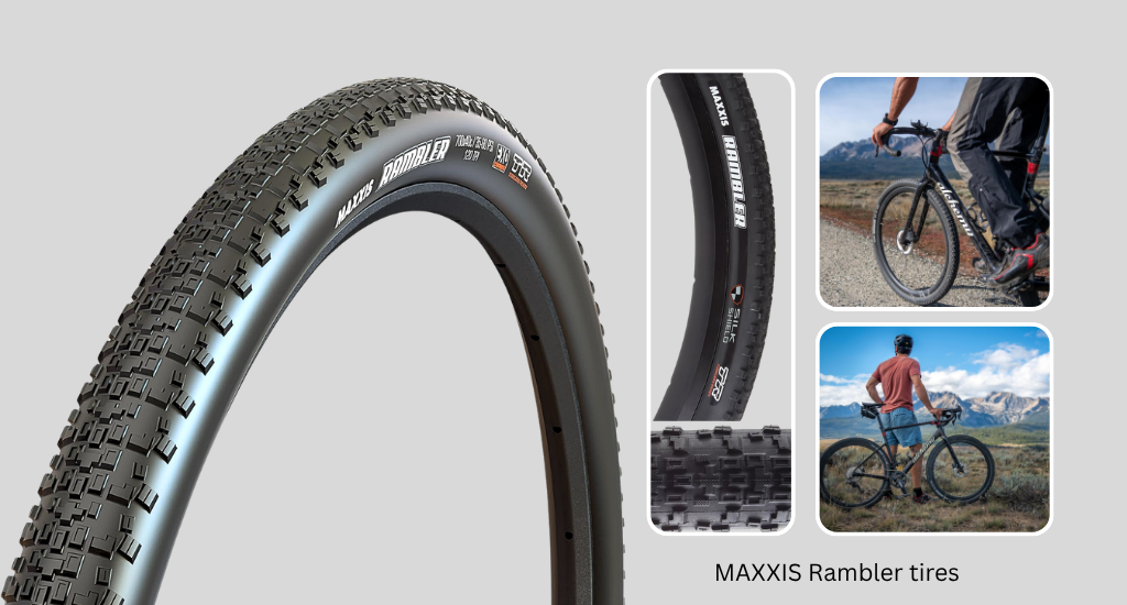 The image showcases the Maxxis Rambler gravel bike tire, featuring a close-up of its versatile tread pattern alongside action shots of a cyclist on a gravel trail.