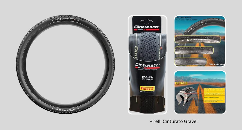 Pirelli Cinturato Gravel H bicycle tire showcased with product packaging and close-up views of its low-profile tread pattern designed for hard-packed terrain.