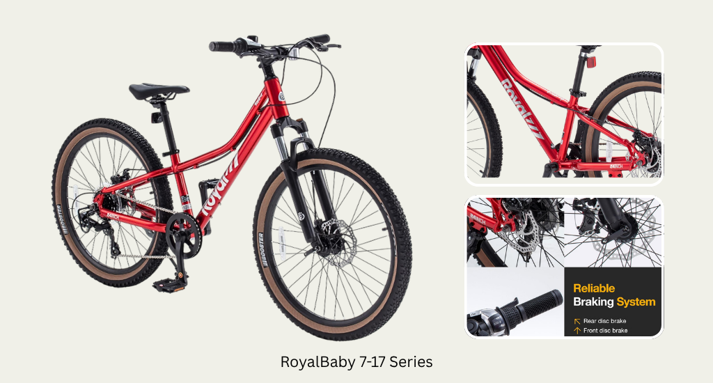 A red RoyalBaby 7-17 Series mountain bike featuring a front suspension fork, disc brakes, and tan-walled tires. Detailed insets show the frame and braking system.