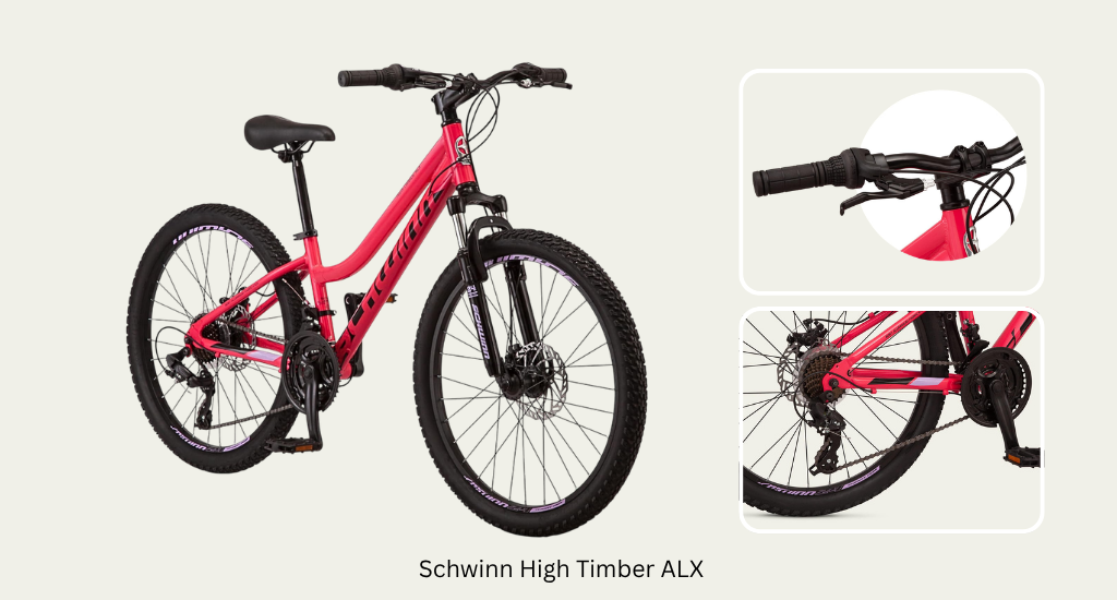 Pink Schwinn High Timber ALX mountain bike in vibrant pink with a low-step frame, front suspension fork, knobby tires, and inset shots of the shifters and gears.