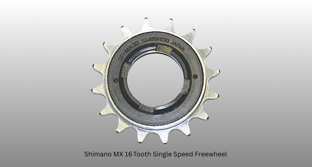 A top-down view of a silver Shimano SF-MX30 16-tooth single-speed bicycle freewheel with a black inner ring, centered against a grey gradient background.