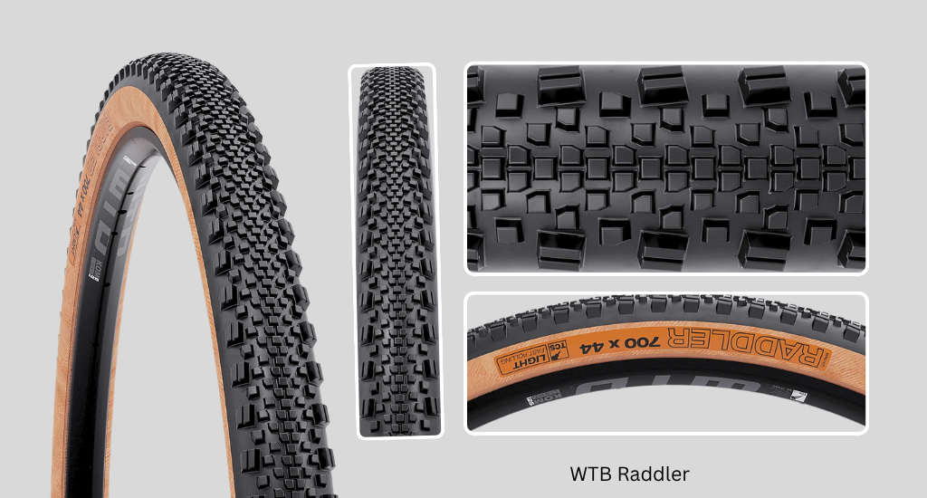 A composite image showing the WTB Raddler gravel bike tire. Features include a tan sidewall, 700 x 44c sizing, and a knobby tread pattern for off-road traction.