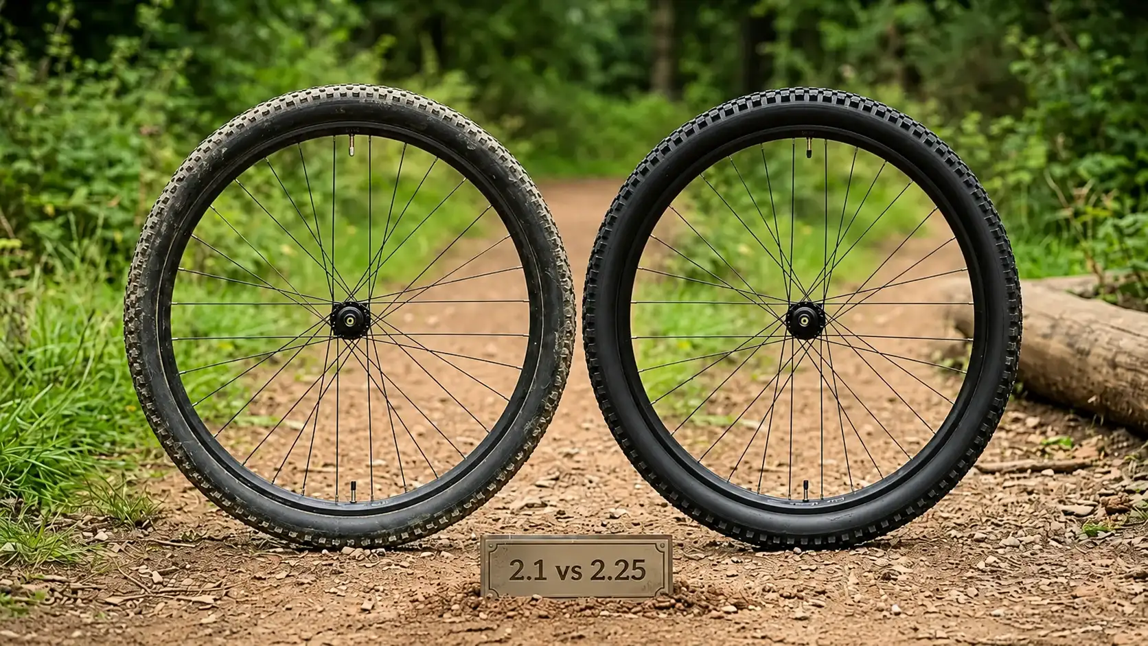 Two mountain bike wheels with different tire widths standing upright on a dirt trail in front of a 2.1 vs 2.25 sign.