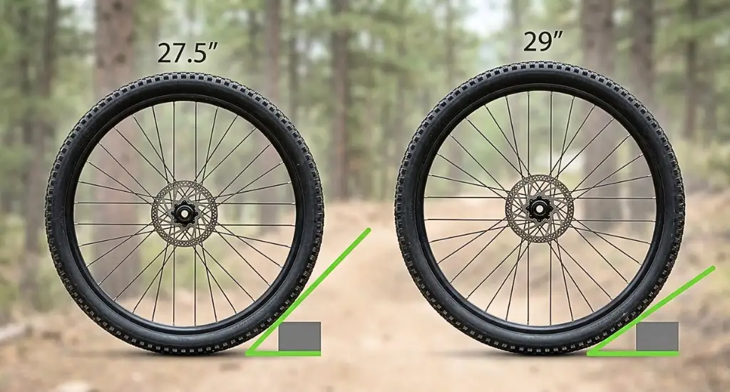 Side-by-side size comparison diagram showing a 27.5-inch wheel next to a 29-inch wheel rolling over trail obstacles.
