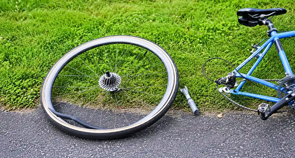 Detached bicycle rear wheel with cassette lying on asphalt showing flat tire bead coming off the rim next to a blue bike frame.