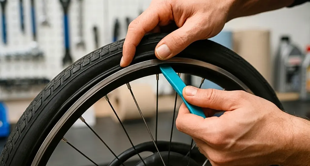 Mechanic hands using a blue tire lever to seat a black bicycle tire bead onto a metal wheel rim.
