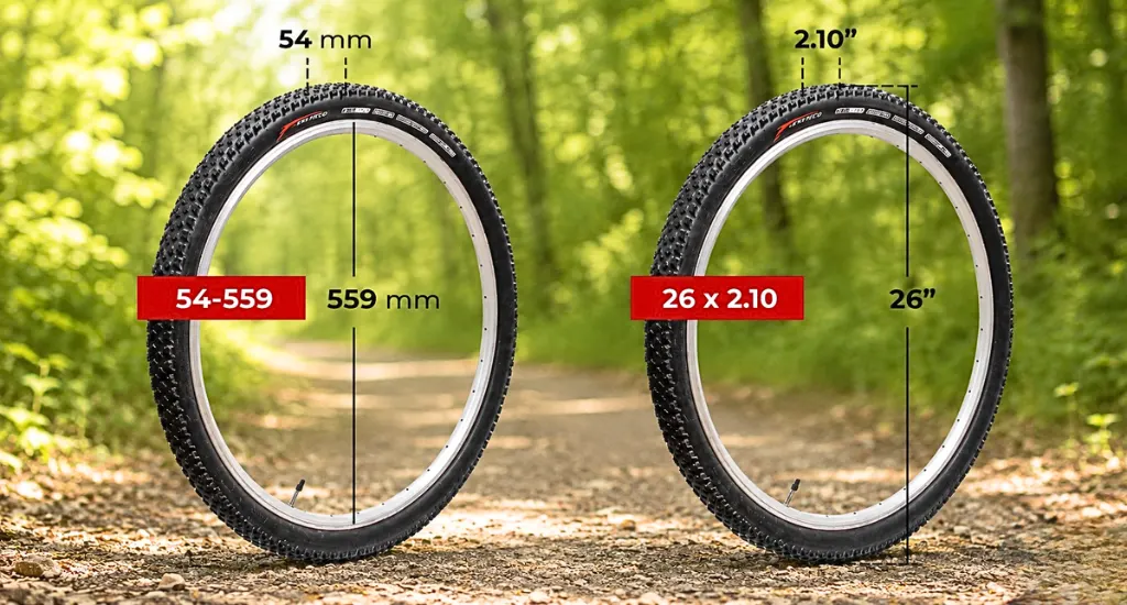 ISO ETRTO 54-559 sizing format on the left with Imperial 26 by 2.10 sizing format on the right on bicycle wheels.