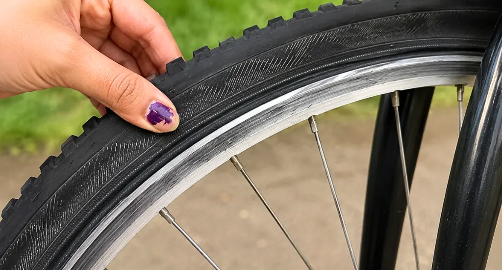 Hand pulling back a loose black knobby bicycle tire bead from the silver metal wheel rim.