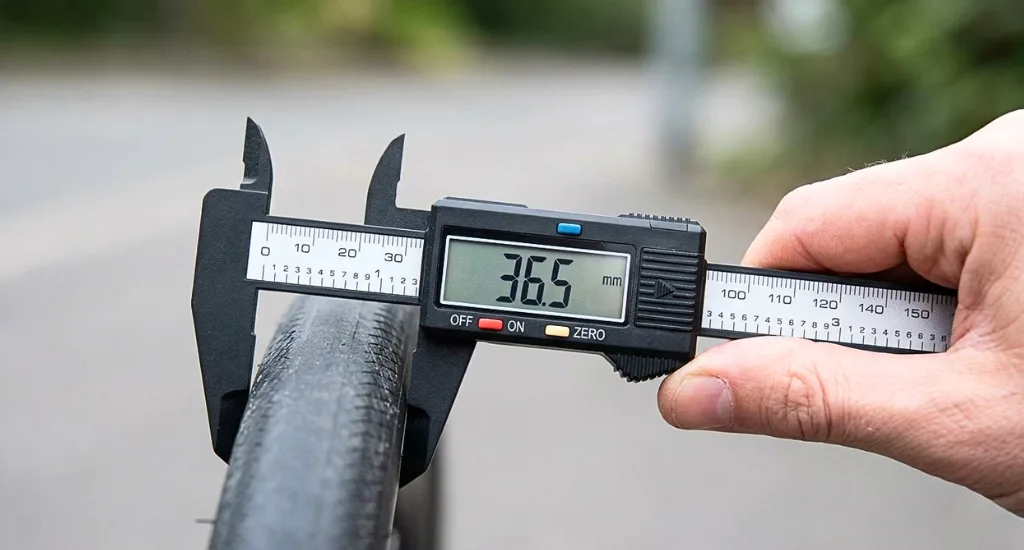 Hand holding a digital caliper measuring the width of a slick road bicycle tire showing 36.5 mm on the digital display.