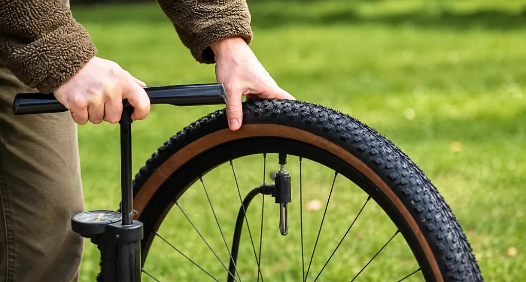 Adjusting tire pressure on a 29-inch mountain bike tire
