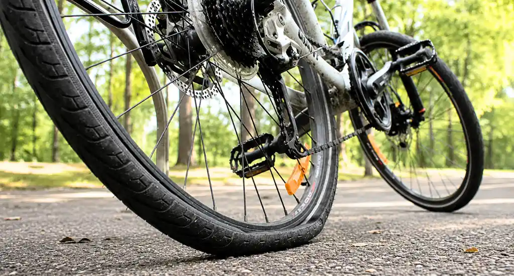Cyclist repairing a punctured bicycle tyre on the road