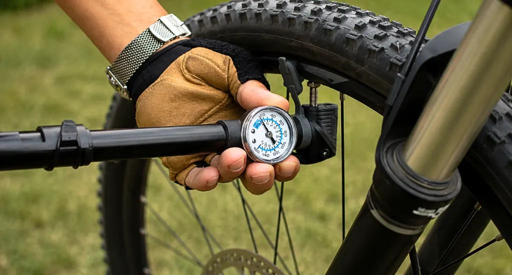 Checking bike tire pressure with a tire pressure gauge
