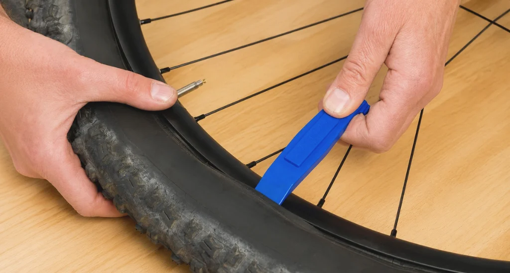 Using tyre levers to remove a bicycle tyre