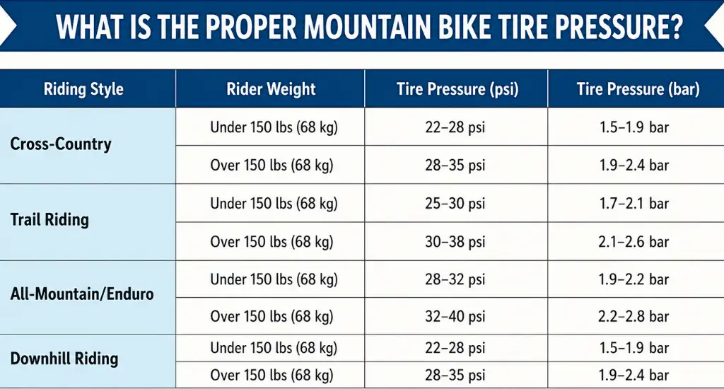 Mountain bike tire pressure chart showing recommended PSI levels