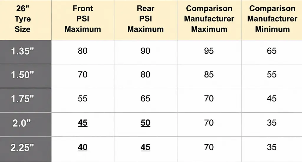 Recommended bike tire pressure chart showing PSI ranges